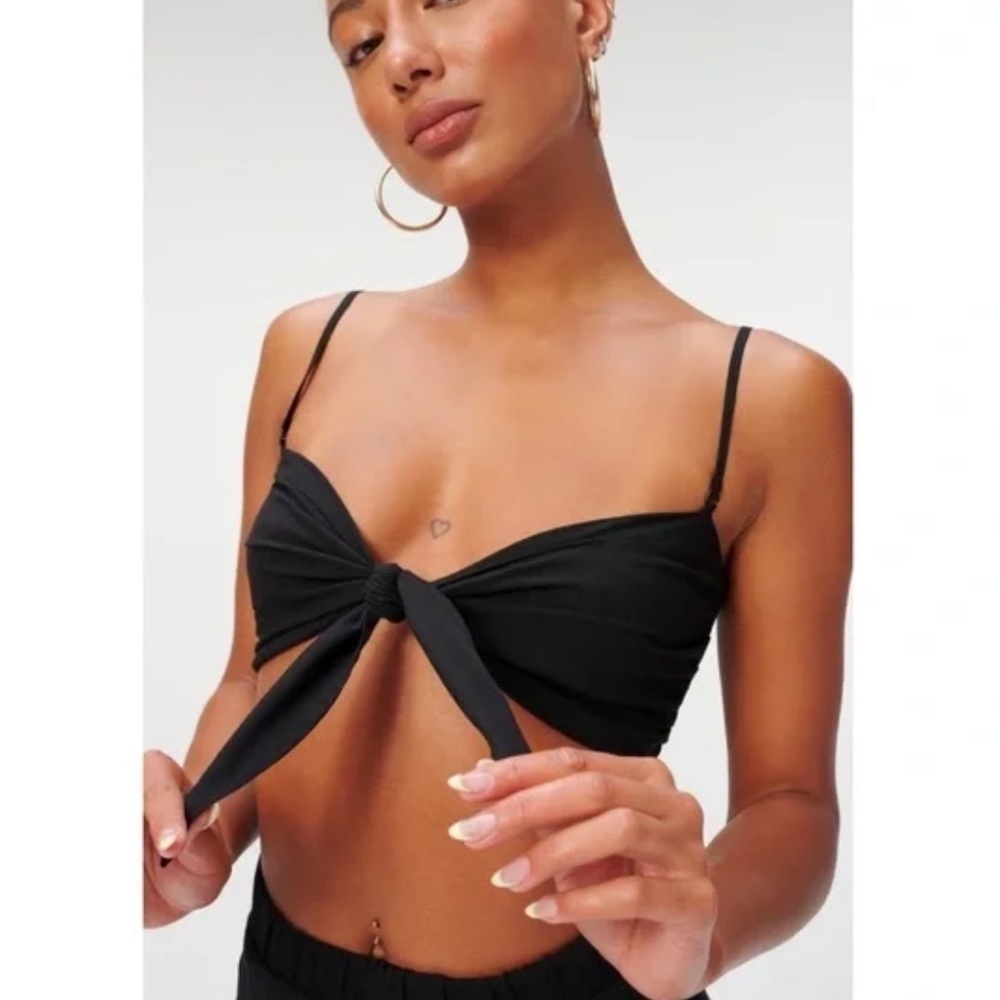NWT Good American Tie Front Bandeau Smocked Top in Black (4) Large/XL​​​​​​